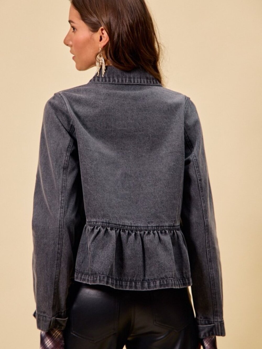Denim Peplum Hem Front Button Jacket With Pockets - Picture 7 of 7